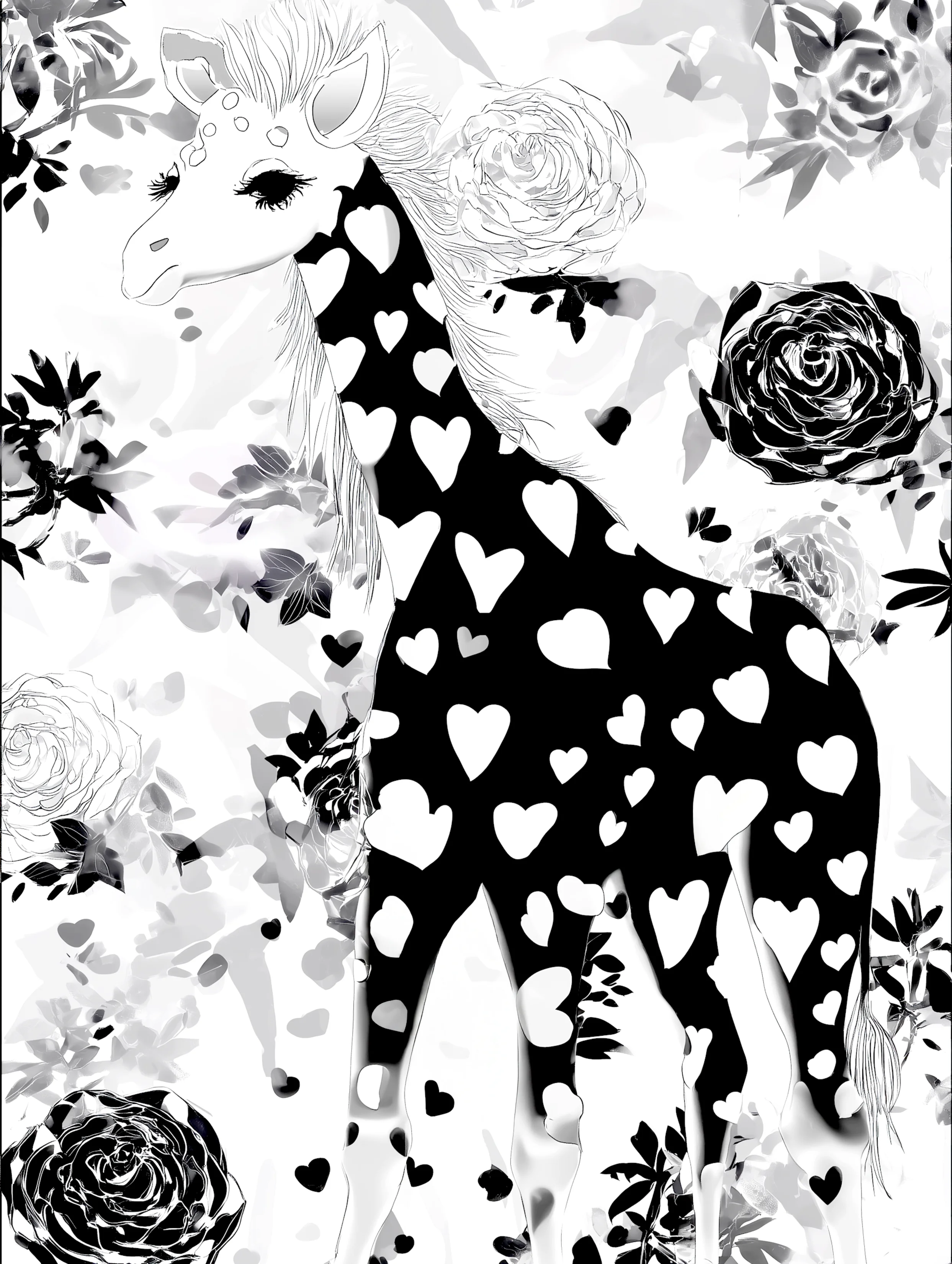 Free printable giraffe coloring page featuring hearts on black giraffe